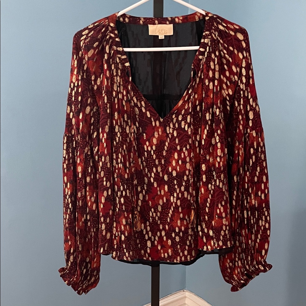 Anthropologie Love the Label Burgundy and Gold Blouse with Lantern Sleeves